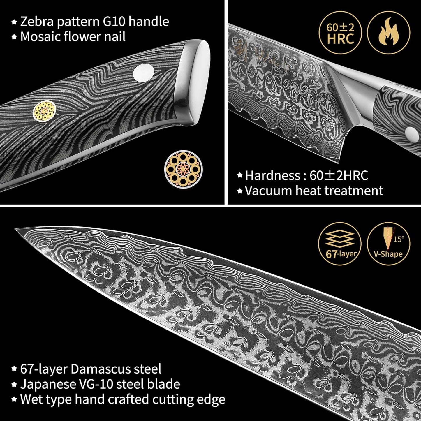 Wakoli Noir Blanc 6-Piece Damascus Chef Knives with 5 Kitchen Knives & Magnetic Knife Block - Premium VG10 Steel Chef Knives with G10 Handles, Kitchen Knife Set in Gift Box