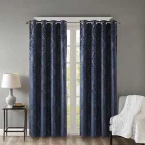 Knitted Jacquard Damask Total Blackout Curtain Panel — Navy, 50x108 in.