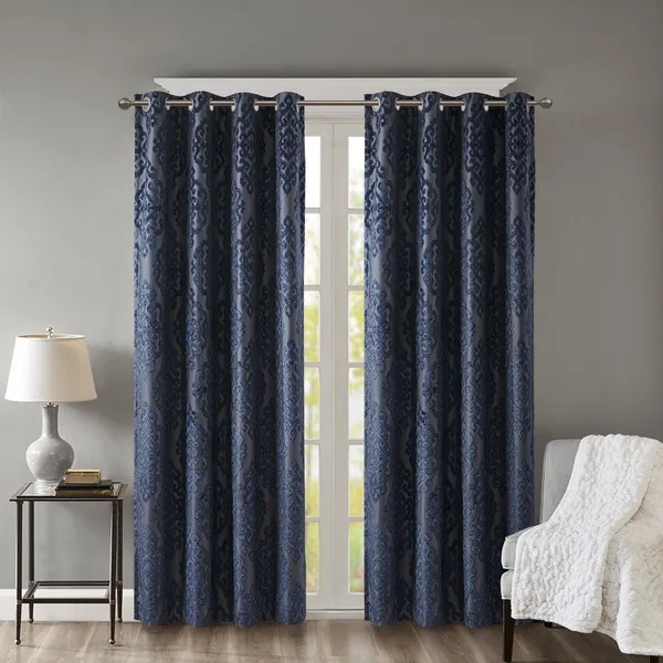 Knitted Jacquard Damask Total Blackout Curtain Panel — Navy, 50x108 in.