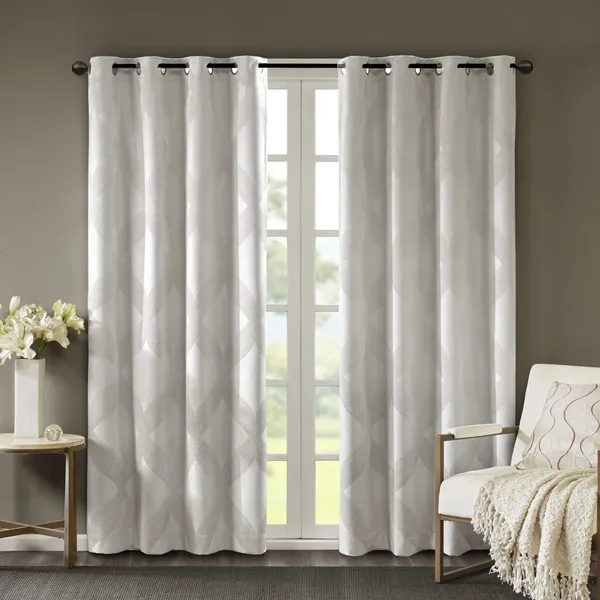 Ogee Knitted Jacquard Total Blackout Curtain Panel — Ivory, 50x108 in.