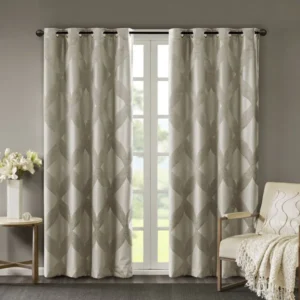 Ogee Knitted Jacquard Total Blackout Curtain Panel — Taupe, 50x84 in.